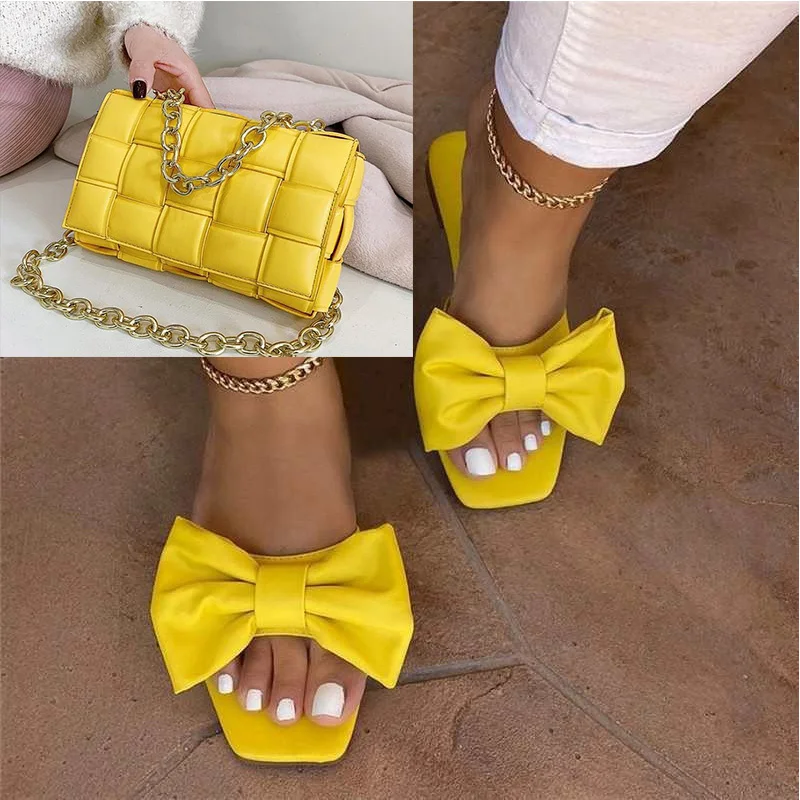 

Шлепанцы женские с бантом, роскошные сандалии в римском стиле, шлепанцы на плоской подошве, однотонные домашние тапки с сумочкой, лето