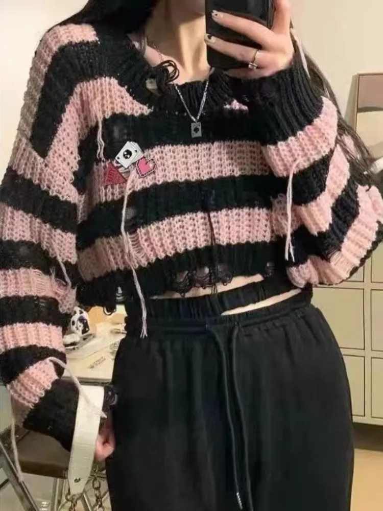 

Hikigawa уличная одежда Y2k полосатые женские свитера с круглым вырезом с длинным рукавом Вязаные Пуловеры шикарный модный свободный универсальный короткий топ для женщин