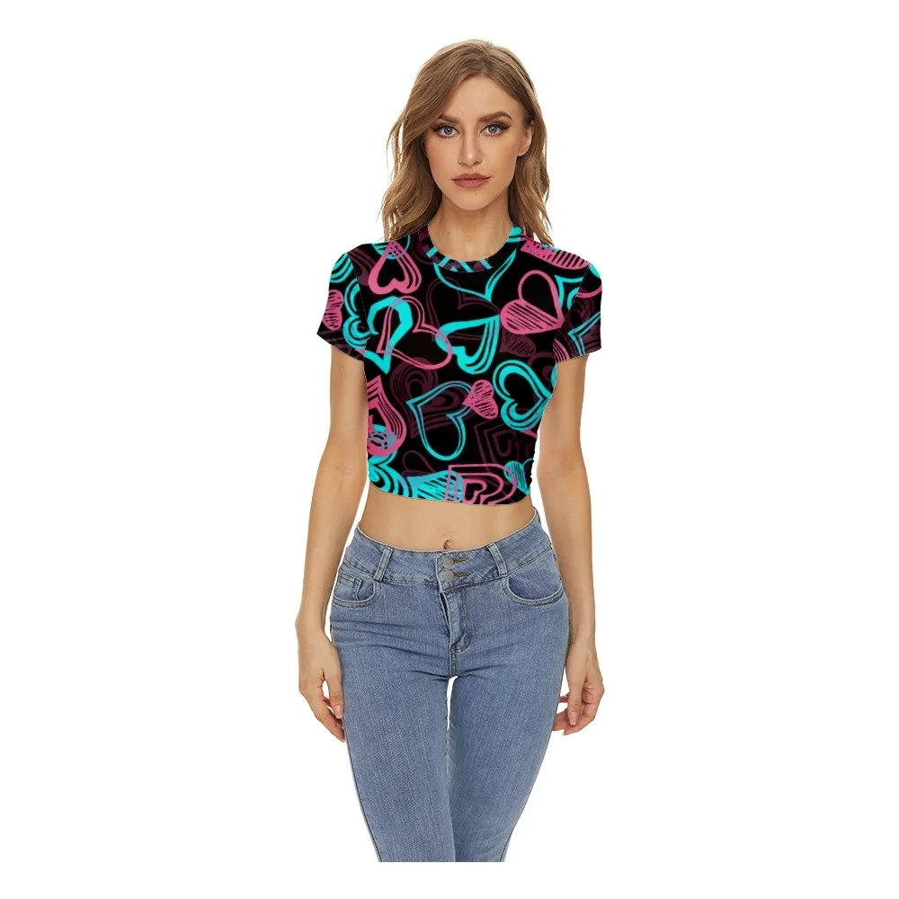 

Women's Fashion Summer Skinny T-shirt Navel Slim Short Sleeve Love Printed Round Neck Casual Hedging T-shirt Ladie