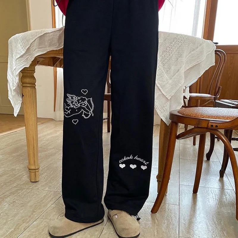 

Winter Pants Women Korean Fashion Angel Print Trousers High Waist Streetwear Baggy Casual Black Wide Leg Pants MINGLIUSILI