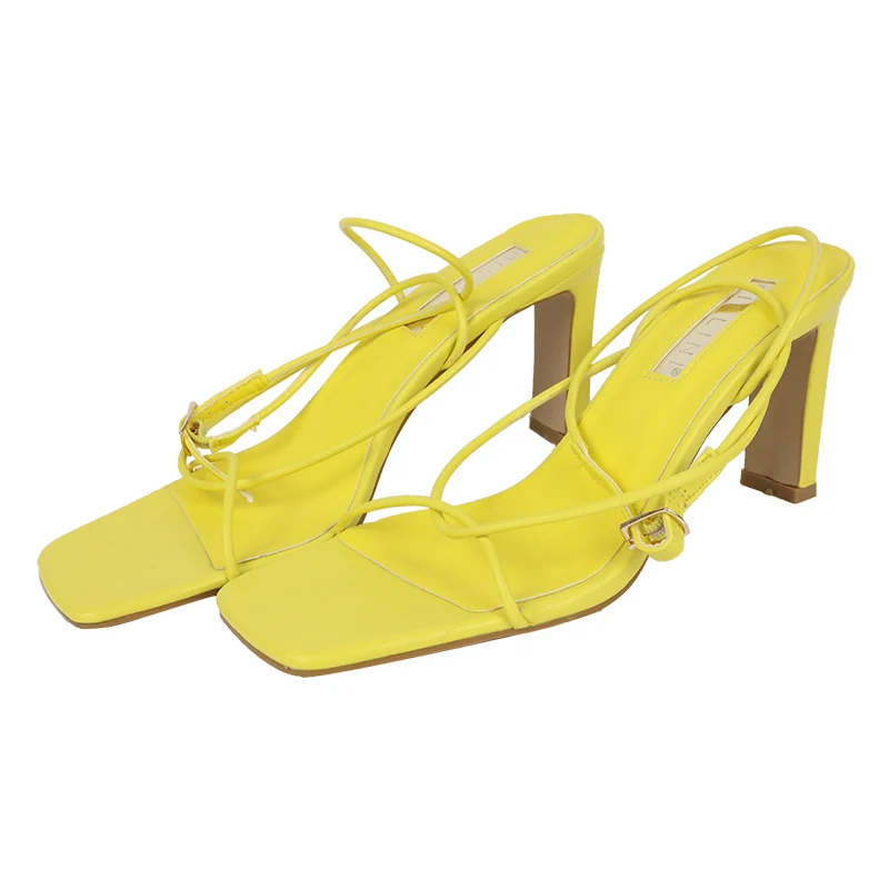 

Summer Women's Strappy Sandals Lemon Yellow Square Toe Slides Shoes for Women