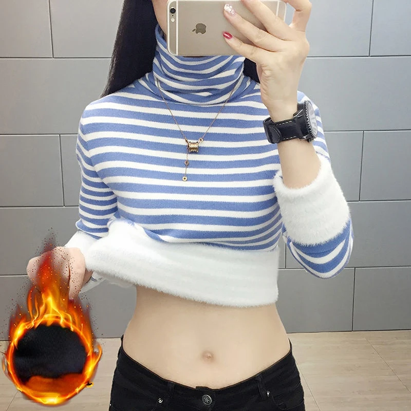 Женский свитер в полоску, базовый осенний пуловер с высоким воротником, женские Теплые повседневные Джемперы, женская модная трикотажная рубашка, топ G267