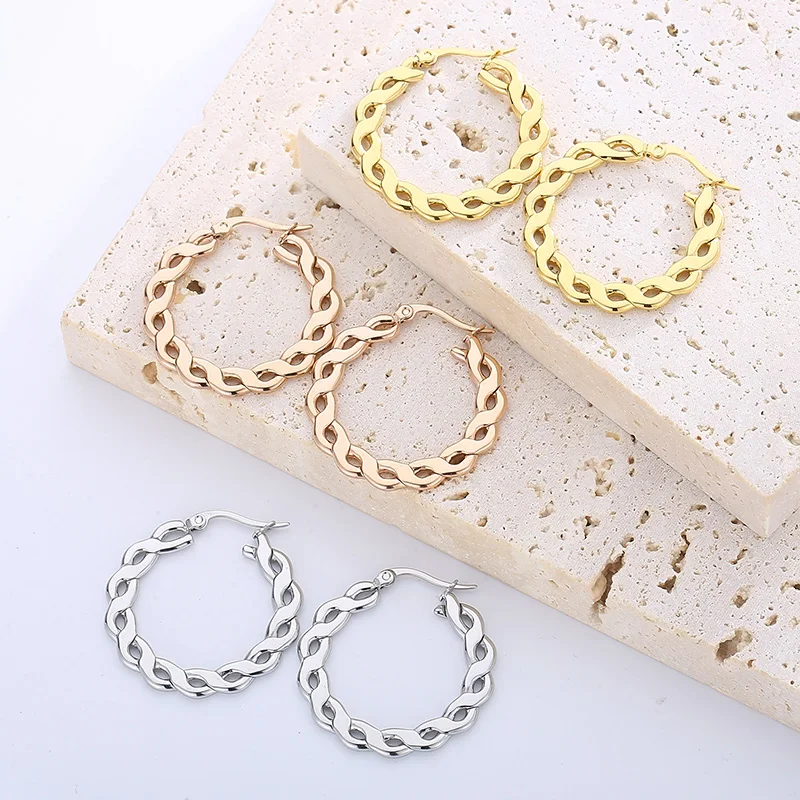 

Elegant Stainless Steel Hoop Earrings For Women Minimalist Interwoven Twist Eardrops Ladies French Luxury Jewelry Party Wedding