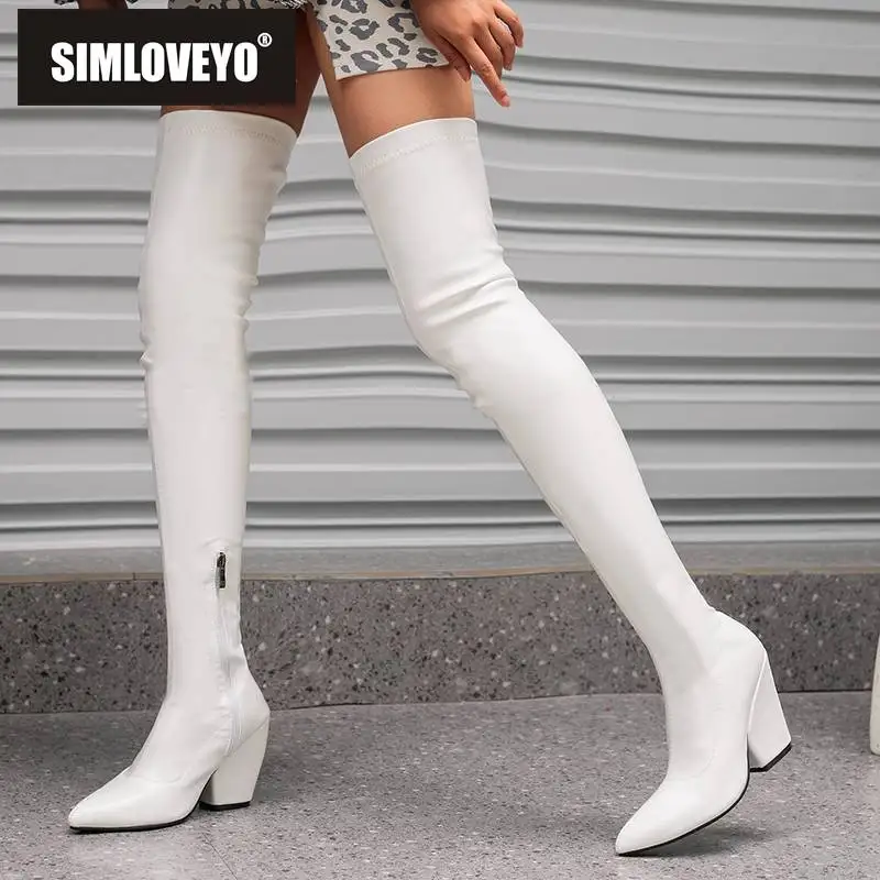 

SIMLOVEYO Thigh Boots 60cm Shaft For Woman Pointed Toe Block Heel 9.5cm Zipper Stretchy Booties Solid Sexy Party Big Size 47 48