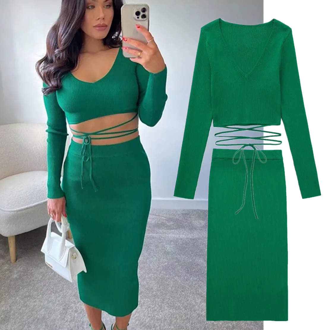 

Maxdutti 2022 Ins Fashion Blogger High Street Vintage Bandage Hollow Out Sexy KnitwearTops High Waist knitted Midi Skirts Sets