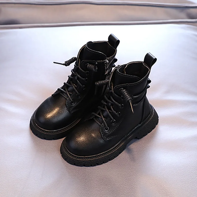 

Ботинки мартинсы для мальчиков, однотонные черные модные детские ботильоны в японском стиле, универсальные школьные водонепроницаемые дыш...