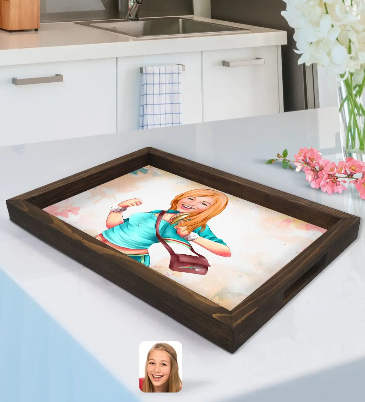 

Personalized Women 'S Caricature Of Natural Wood Tepsi-52