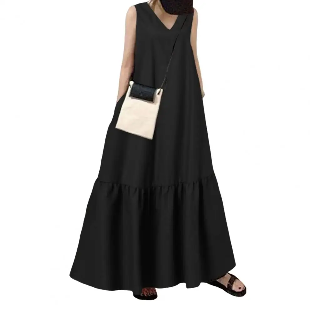 

2023 New Women Dress Sleeveless Side Pocket Ankle Length Loose Large Hem Long Dress