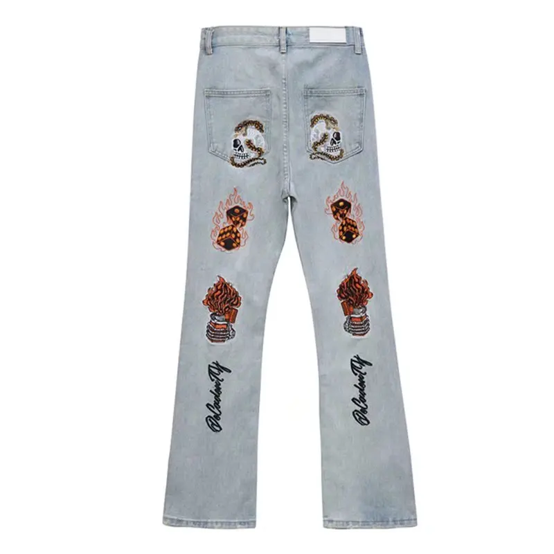 2022 Vibe Style Streetwear Men Slim Flare Jeans Pants Skull Embroidery Travis Scott Hip Hop Vintage Punk Denim Trousers Pantalon