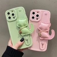 3d cute cat cartoon wrist stand holder silicone leather phone case for iphone 13 12 11 pro xr x xs max 7 8 plus soft back cover