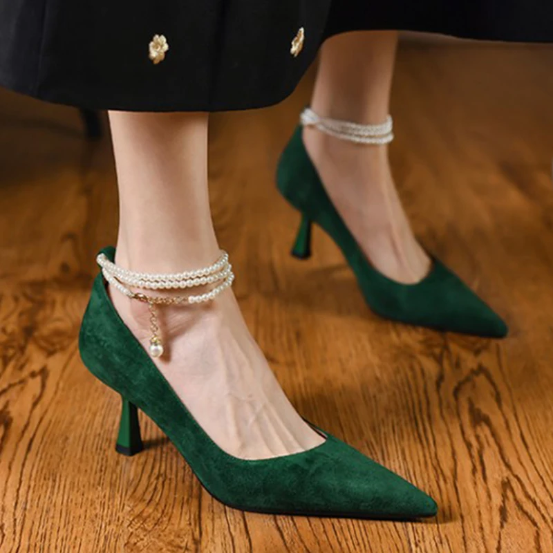 

Green Retro High Heels Women Pointed Toe Sandals Sexy Fashion New Brand Designer Pumps 2022 Summer Mules Shoes Dress Women Shoes