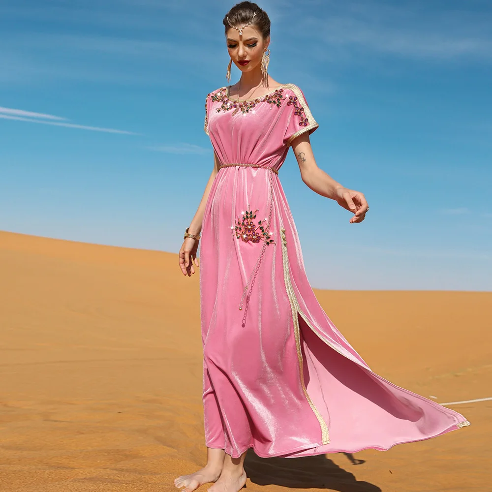 Pink Velvet Hand Sewn Diamond Dress Travel New Long Dress Muslim Robe Abaya Islamic Robe Party FashionDress Party Festive Dress