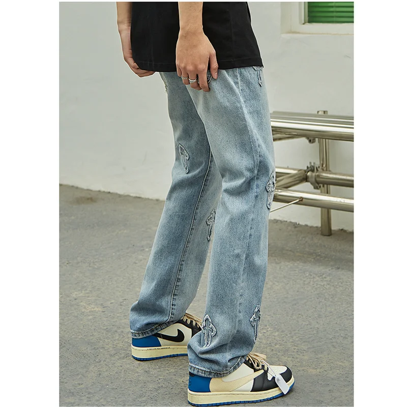 Streetwear Men 2022 New Style Cross Pattern Vintage Recreational Blue Jeans Loose Straight Cylinder Trousers Autumn Female Trend