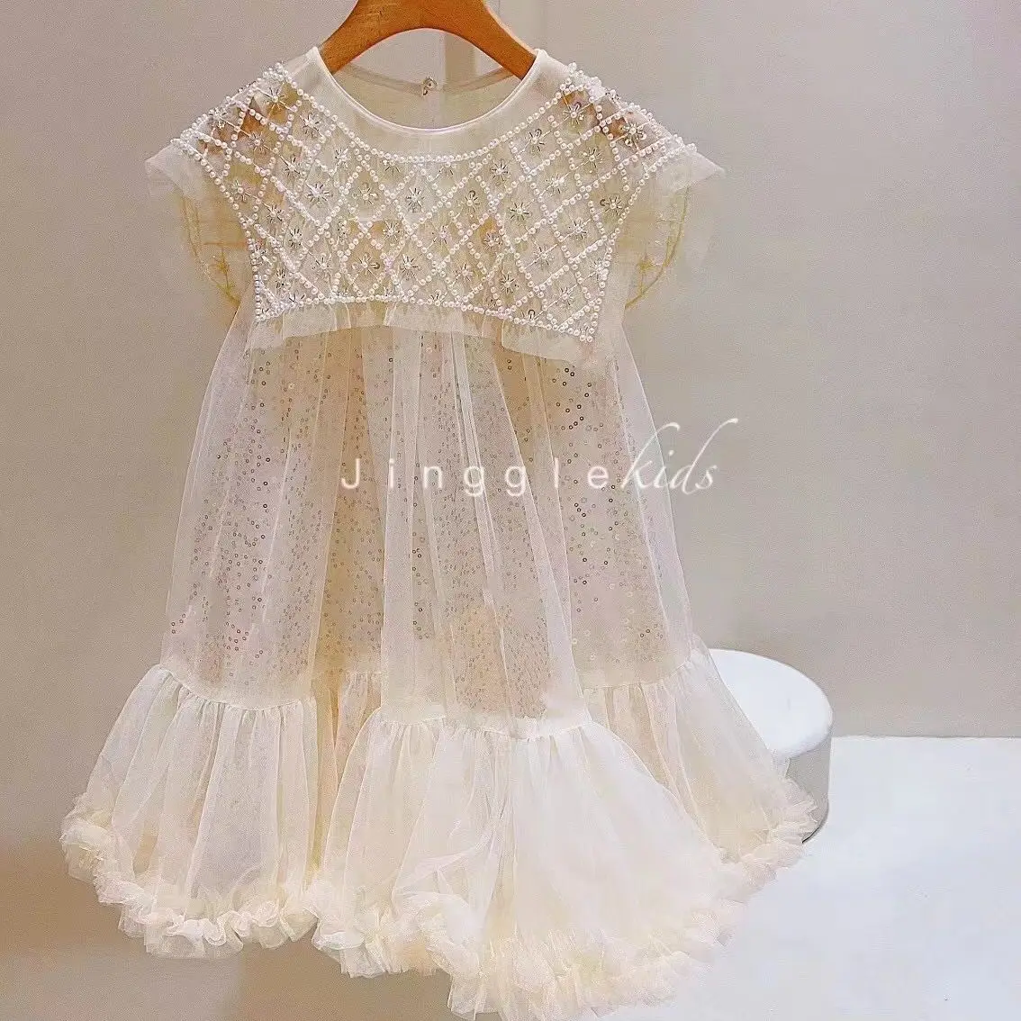 Eid French Style Princess Dress Girl Summer Sleeveless Beige Lolita Clothes Party Evening Costume Gift Child Sweet Pearl Dress