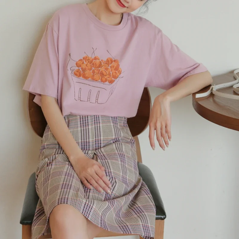

Women Casual O-Neck Summer Tops 2021 New Cute Cherry Printed Short Sleeve T-shirts Sweet Female College Style Loose Tshirts Ins