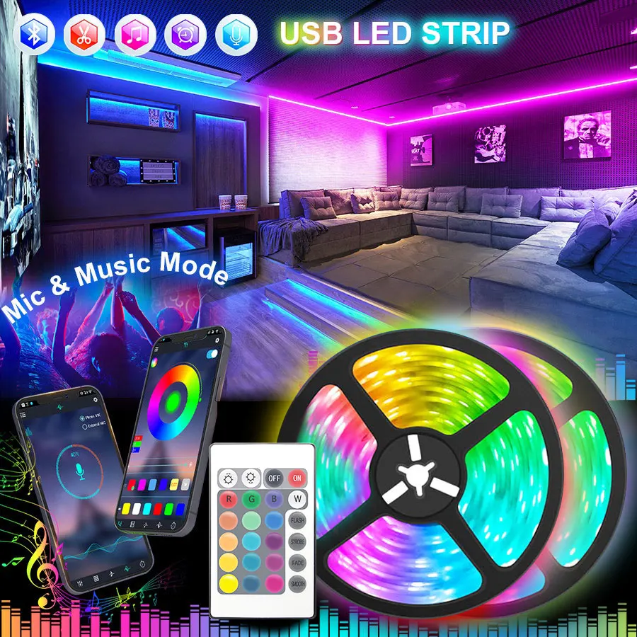 Usb Led Strip Lights 5V Rgb Tape 5050 Led Ribbon Bluetooth Music Colorful Gaming Children Room Decoration 5M 10M White Led Band