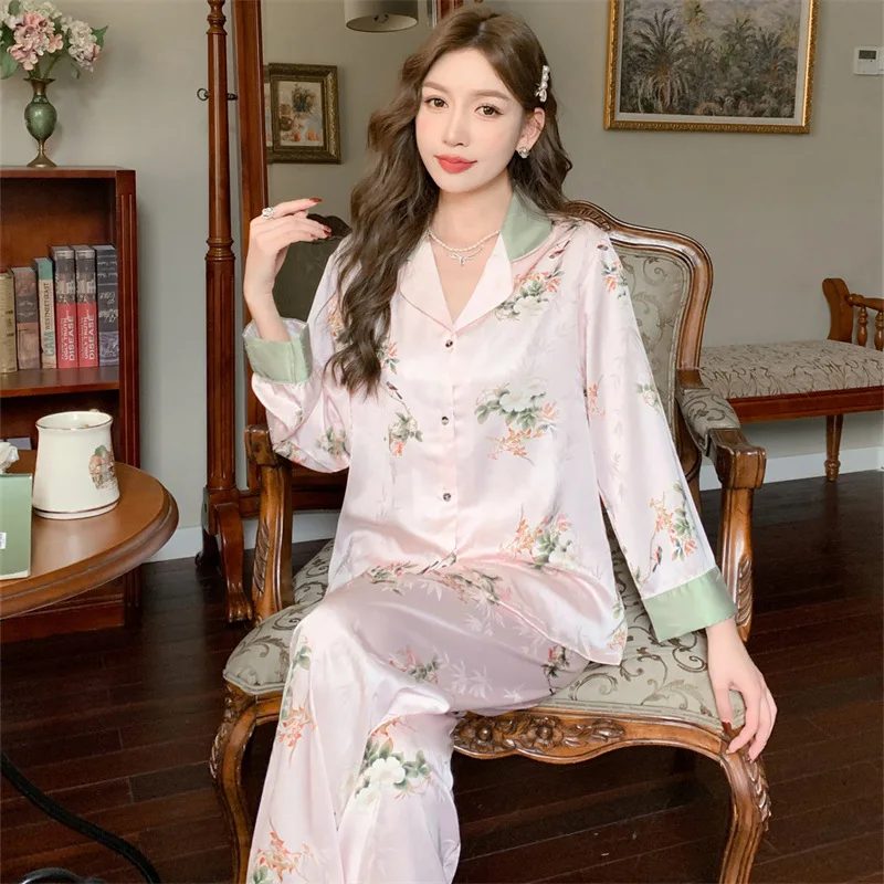 2023 Spring and Autumn New Pajamas Women's Artificial Silk Jacquard Long-Sleeved Trousers Cardigan Homewear Suit