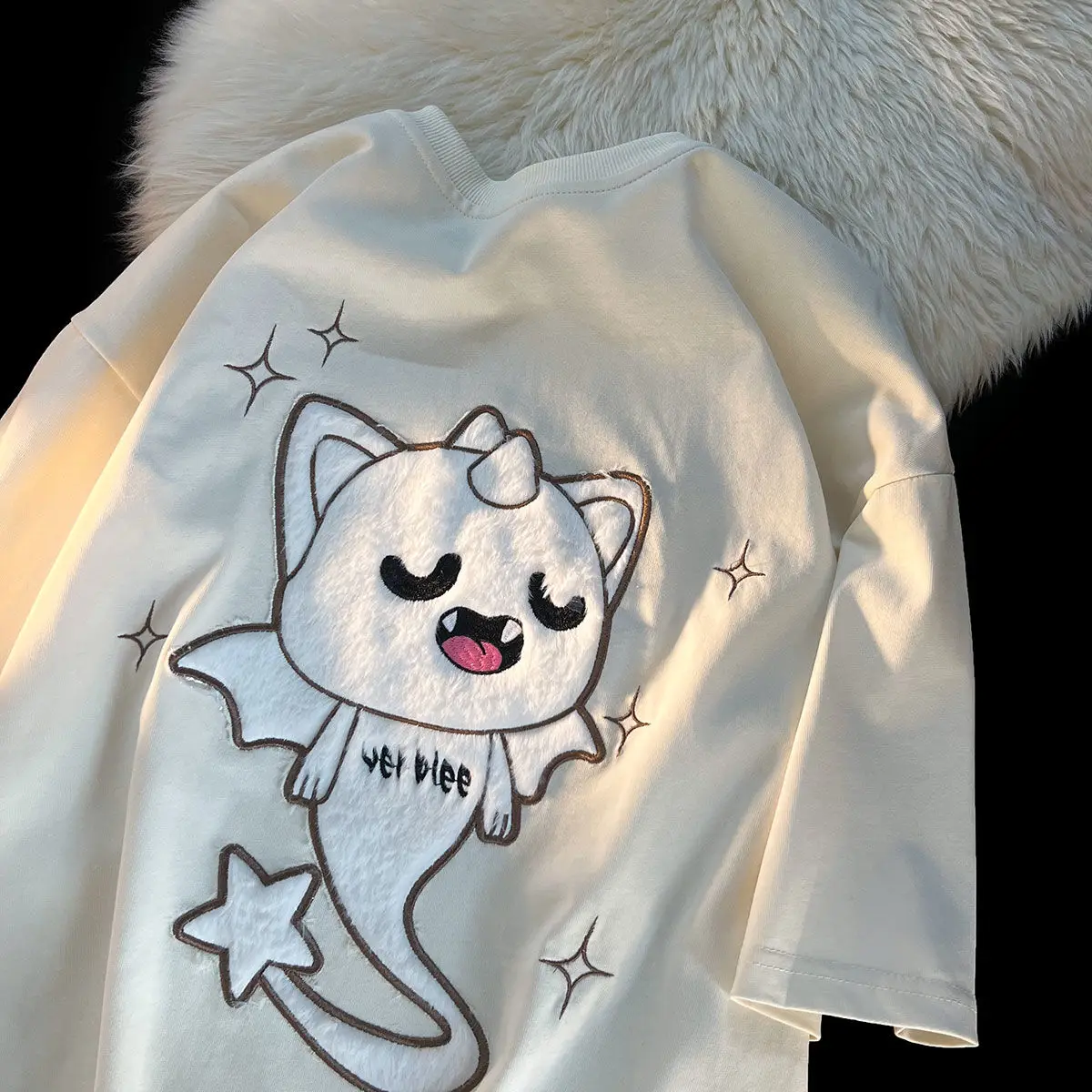 

American new cartoon plush flocking little ghost embroidery short sleeved men and women loose ins all match couple t-shirt tops
