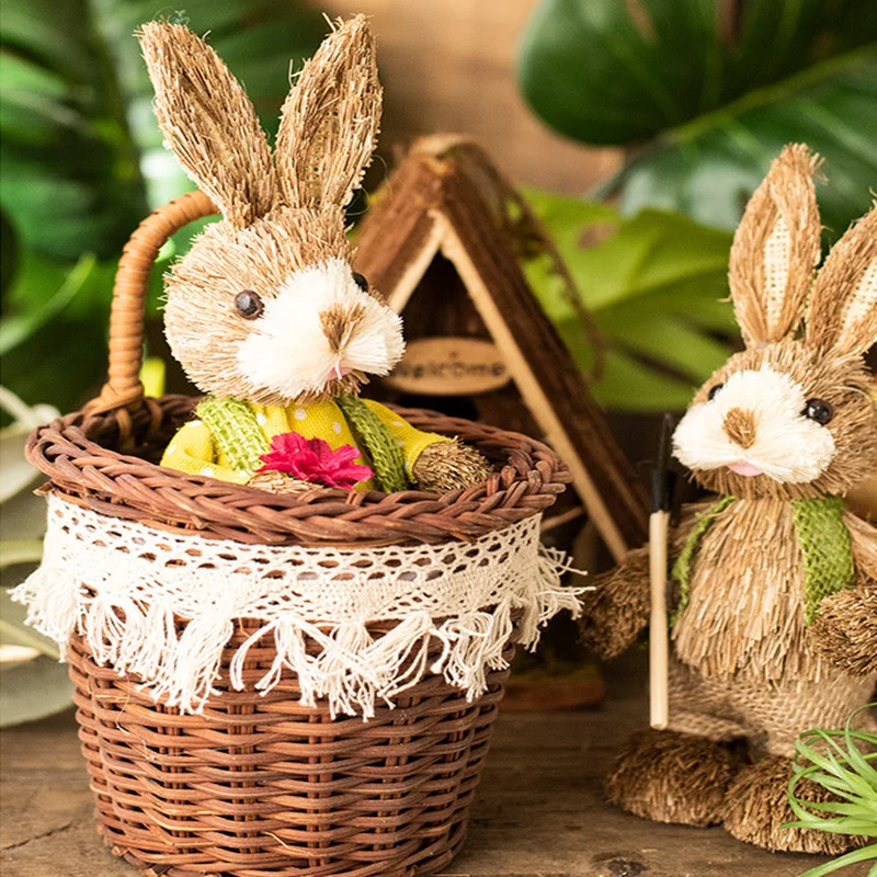 

32cm Artificial Straw Bunny Home Garden Decor Handmade Standing Rabbit Ornament Easter Theme Party Bunny Decor Simulation Rabbit
