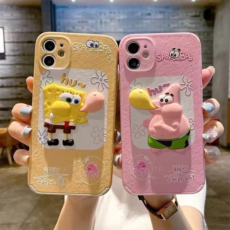 

Anime SpongeBob SquarePants Patrick Star PU Leather Phone Cases For iPhone 13 12 11 Pro Max XR XS MAX 8 X 7 Couple Soft Cover