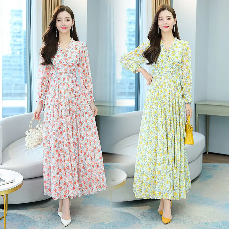 

Vintage Korea Clothing Summer Slim Elegant Office Lady Floral Chic Chiffon Long Unif Dress Retro High Ankle-Length Dresses