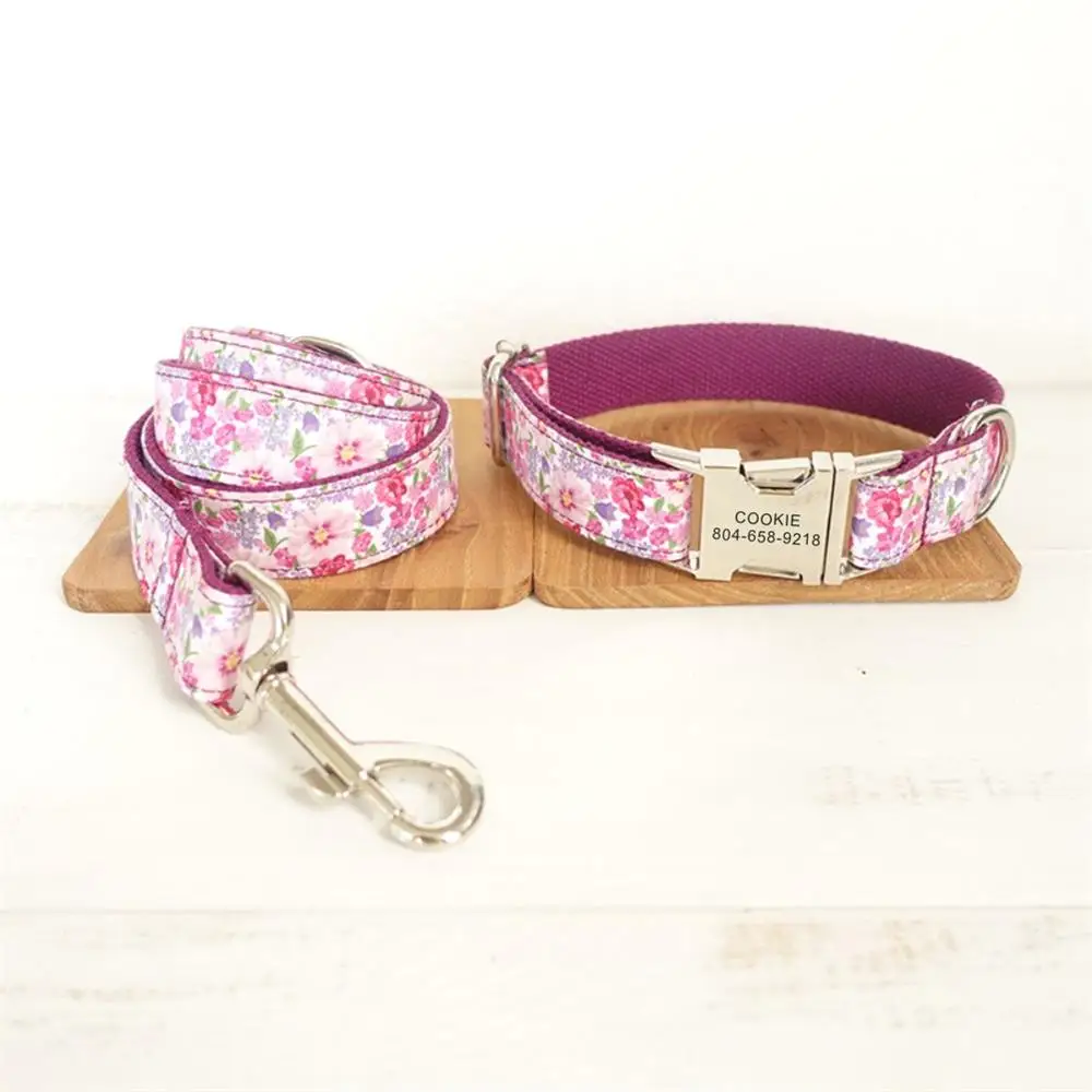 Personalized Pet Collar Customized Nameplate ID Tag Adjustable Purple Flower Cat Dog Collars Lead Leash