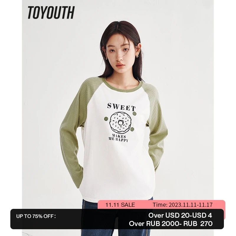 

Toyouth Women Tees 2023 Spring Long Sleeve O Neck Loose Tshirt Graphic Letter Print Pure Cotton Comfort Basic All Match Tops