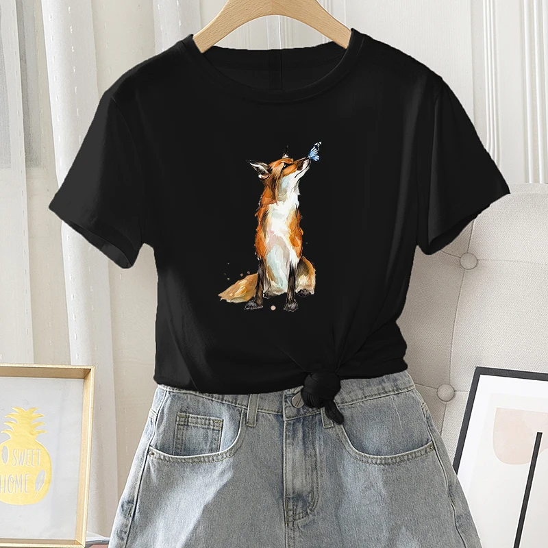 

Women Casual Fashion Short Sleeve Female Summer Regular T Shirt Fox Butterfly Print Ladies Graphic Funny Harahuku O-Neck Tee Top