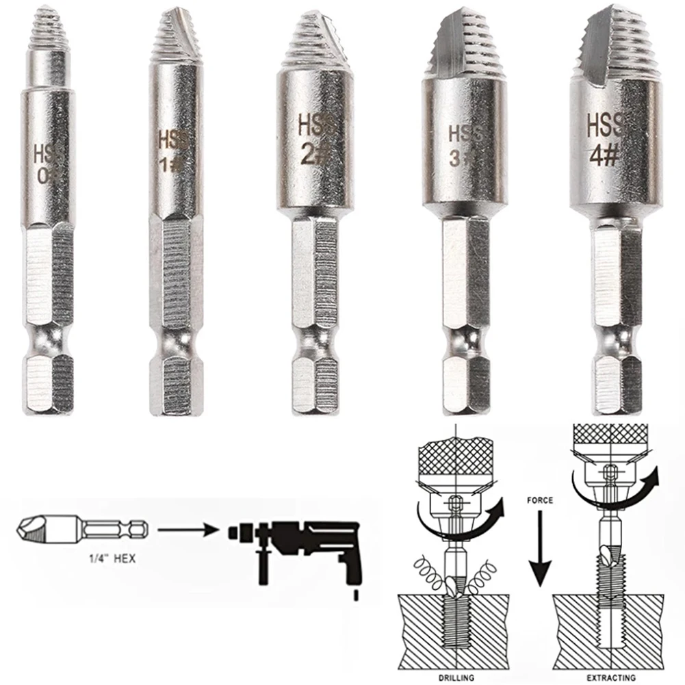 

5Pcs Damaged Screw Extractor 6.35mm Hexagon Handle 1/4'' Nickel Plating HSS Broken Head Screw Extractor Drill Bits Power Tools