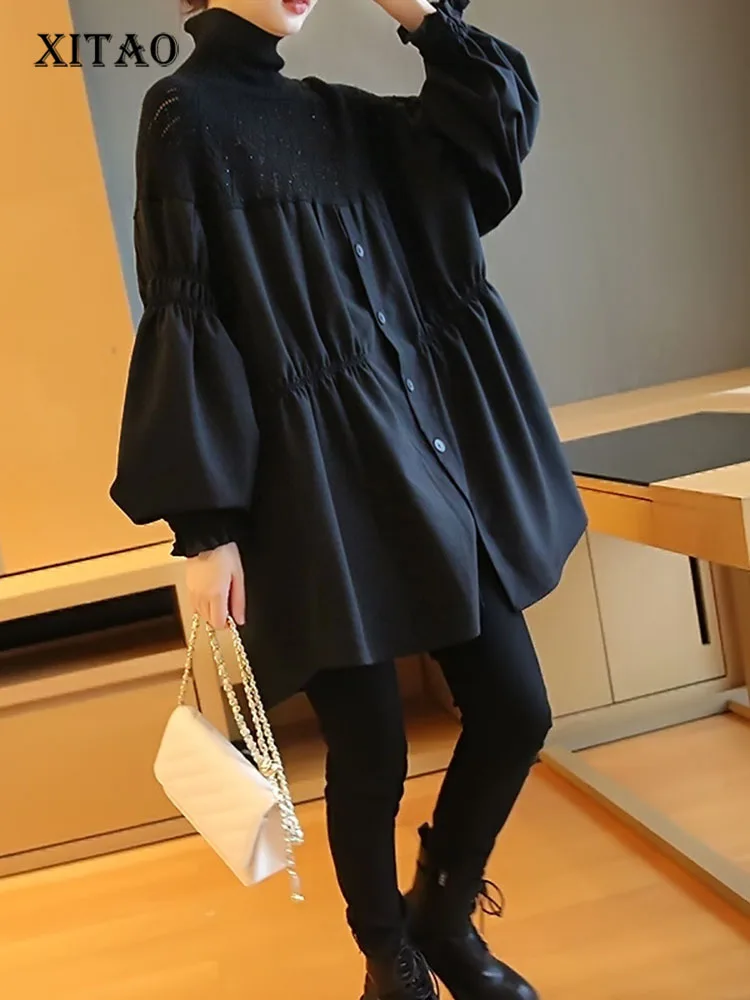 

XITAO Black Dress Fashion Single Breast Ruffle Patchwork Pleated Goddess Fan Casual Style Loose 2022 Autumn Dress ZY7363