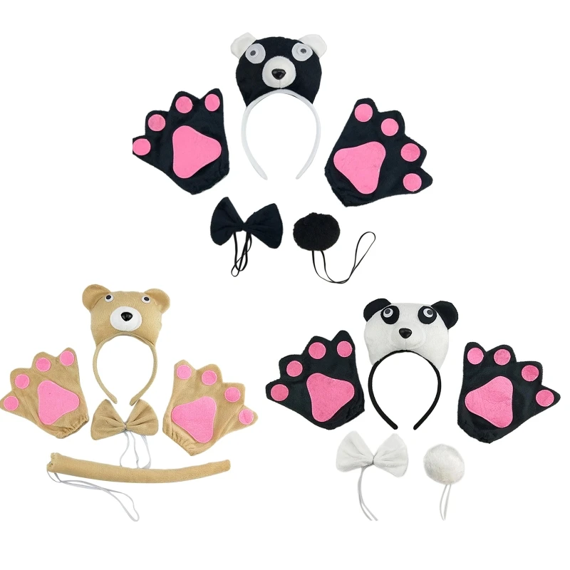 

L5YA Animal Ear Shape Head Hoop and Tail Bowtie Suit Cartoon Bear Cosplay Headdress