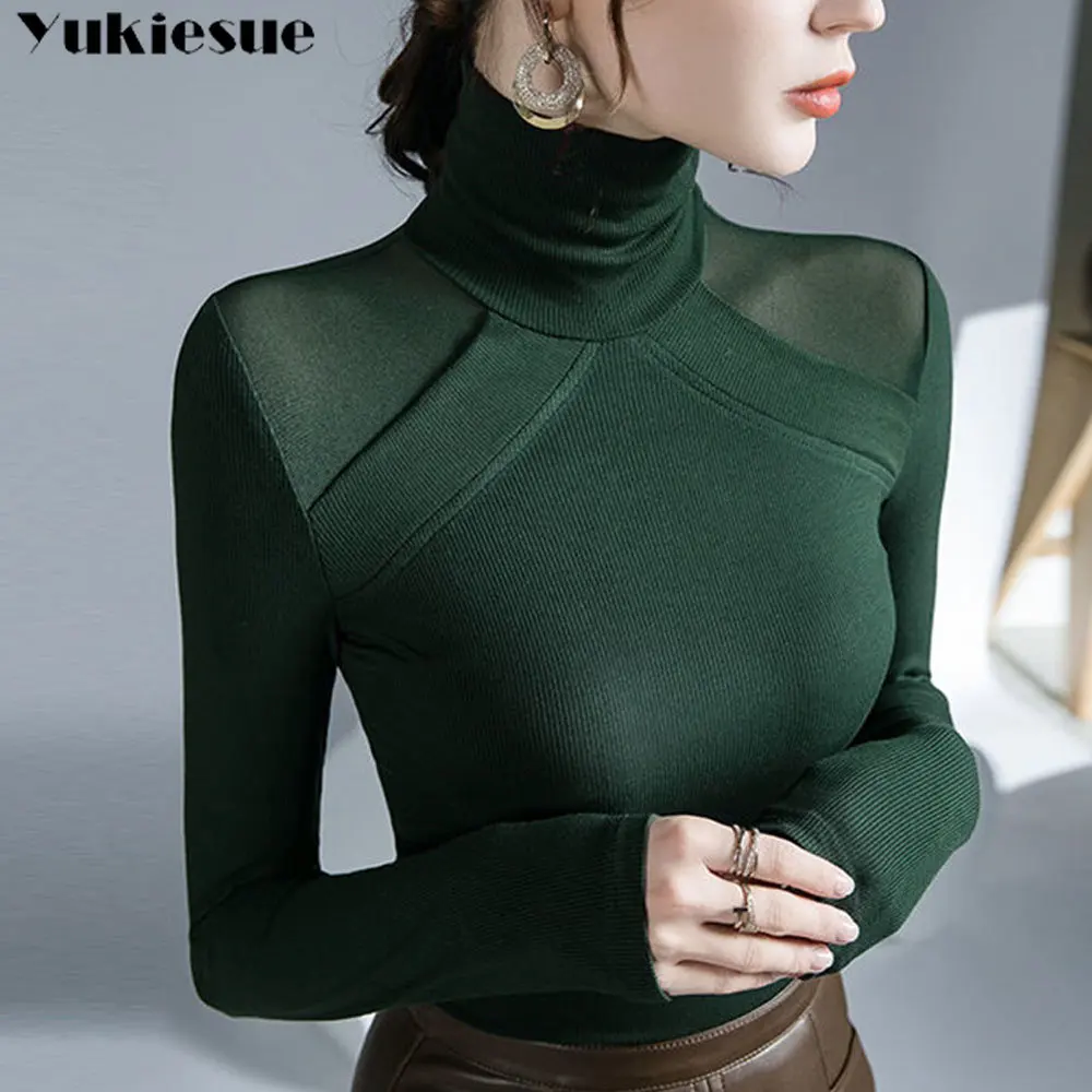 

Spring High Collar Vintage Y2k Perspective Sexy Inside Long Sleeve Top Mesh Splice ElasticKnitted T-shirt Backing Shirt Women's