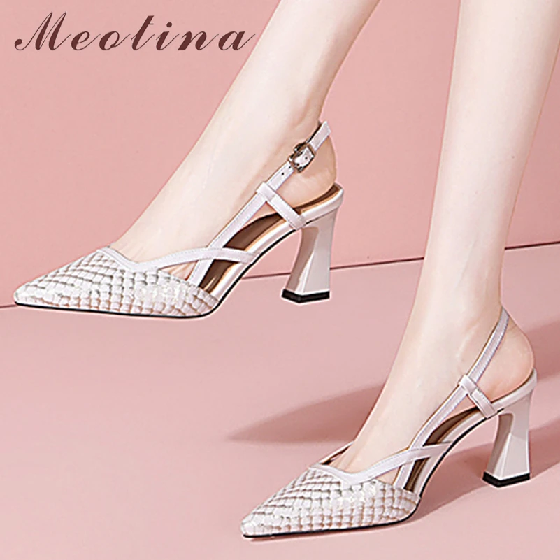 Meotina Women Genuine Leather Pointed Toe Thick High Heel Pumps Buckle Sewing Slingbacks Heels Lady Autumn Shoes White 40