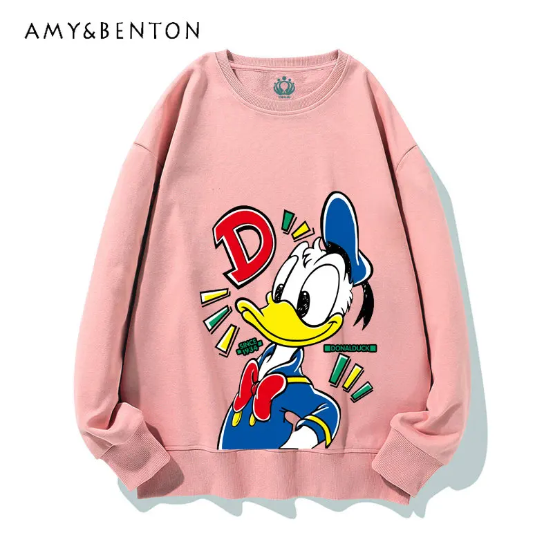 Women's Casual Long Sleeve Sweatshirt Loose Fashion Cartoon Print Top Ladies High Brand Round Neck Pullover Tops for Female