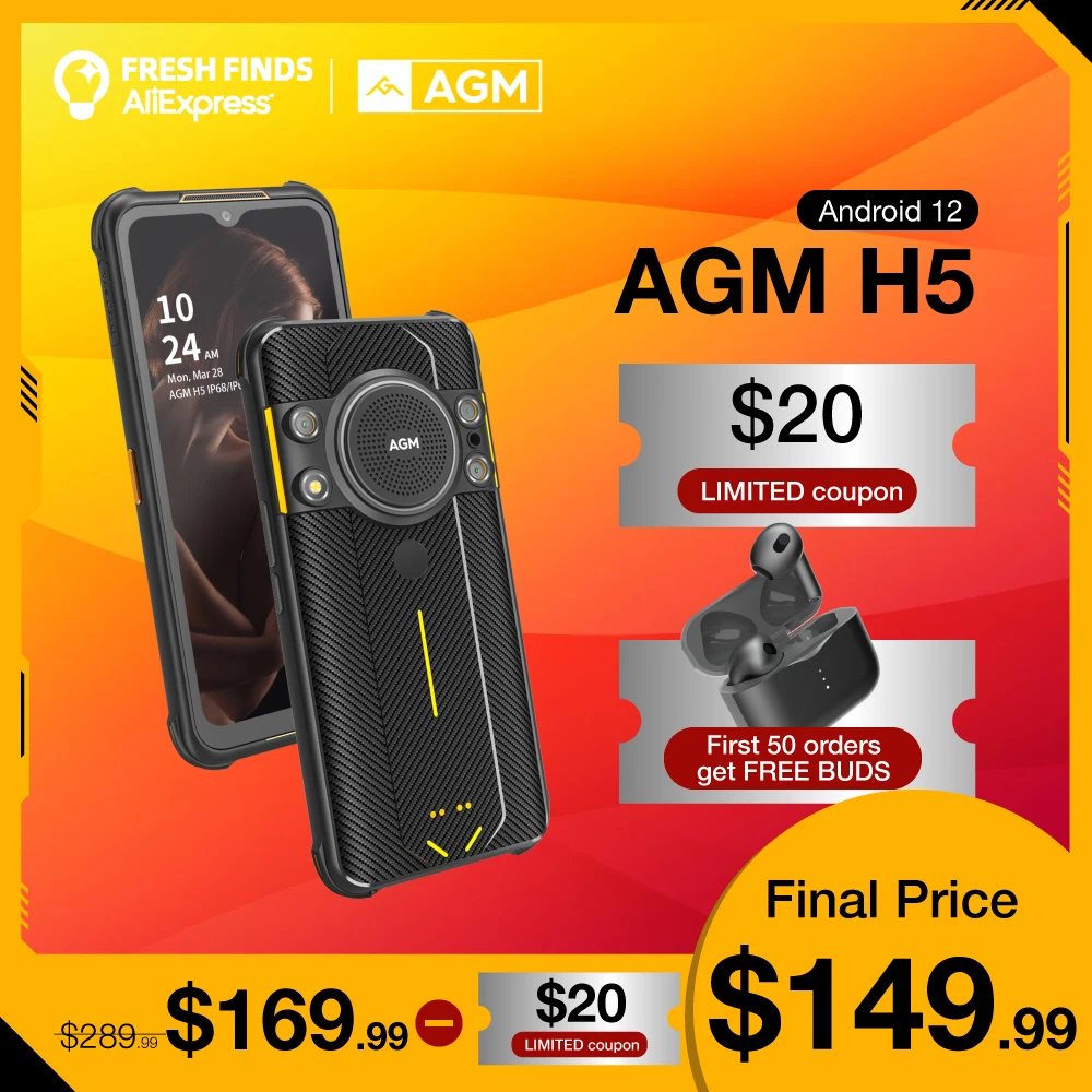 Смартфон AGM H5 на Android 12, 7000 мАч, IP68/IP69K, 3,5 Вт