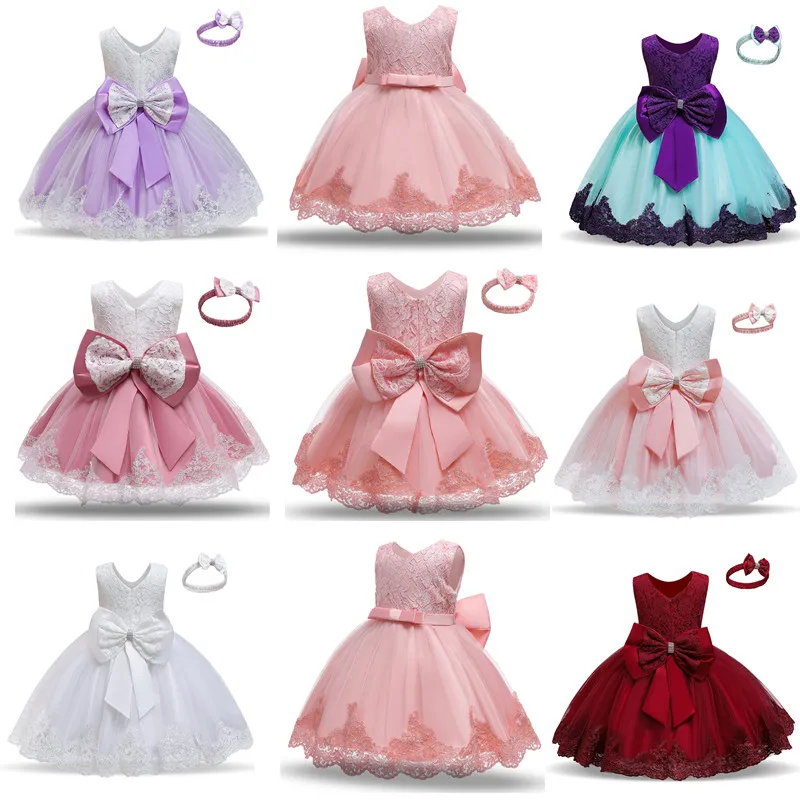 

Baby Girls Princess Dress Cute Bow 3 6 9 12 18 24 Months Toddler Infant Party 1st 1 2 Year Old Birthday Lace Christening Gown