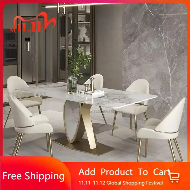

Golden Long Dining Table 1.8m Light Luxury Modern Minimalist High-end Designer Rectangular White Restaurant Table And Chairs