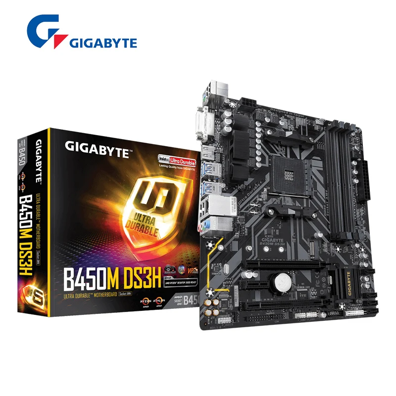 

GIGABYTE New GA B450M DS3H (rev. 1.x) Материнская плата Micro-ATX AMD B450 DDR4 2933 МГц M.2 USB 3,1 128G с двухканальным разъемом AM4