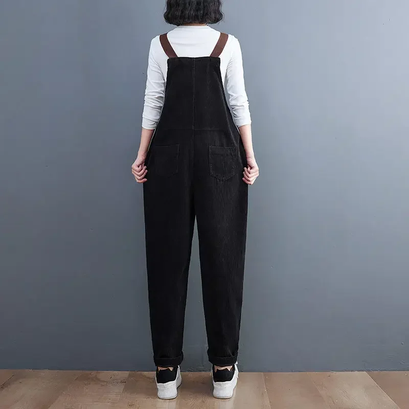 Женский вельветовый комбинезон свободный большого размера с подтяжками в стиле