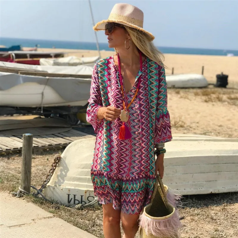 

Bohemian print beach dress 2023 Summer wrist sleeve v-neck mini short dress Women vintage retro clothes