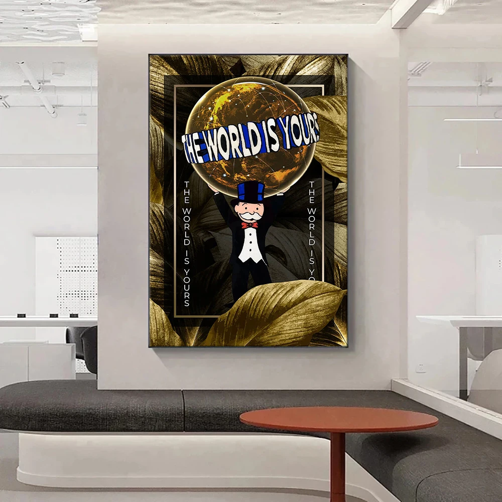 

Luxury Alec Monopoly Canvas Painting The World Is Yours Poster Gold Rich Art Prints Wall Picture For Office Room Home Decor