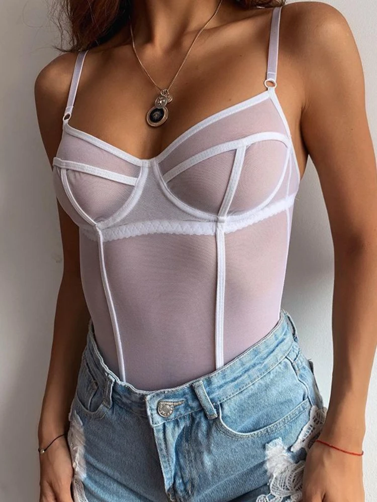 

Sexy Sheer Mesh See Through Backless Straps Bodysuit Women 2022 Skinny Bodysuits Overall One Piece Clothes High Street Club Top