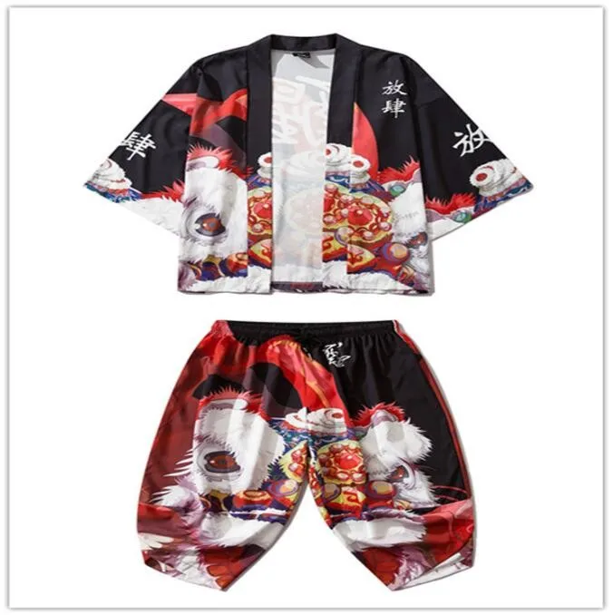 3XL Print Crane Men Kimono 2PCS Robe Sets Chinese Casual Loose Pajamas Spring Autumn 3/4 Sleeve Cardigan Suit