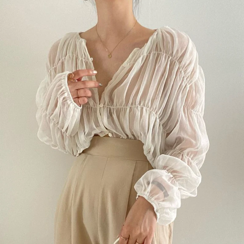 

Korean Fashion Pleated Casual Blouse Women Summer New Loose Folds Perspective Chiffon Shirt Long Sleeve Tops Blusas Mujer 819i