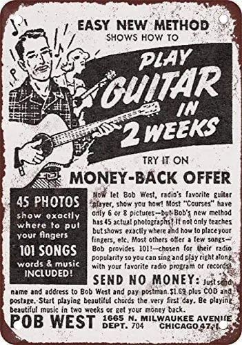 

1949 Play Guitar in Two Weeks,Warning Hazard Metal Tin Sign Metal Sign with Hazardous Area Vintage Metal Signs Man Cave Decor