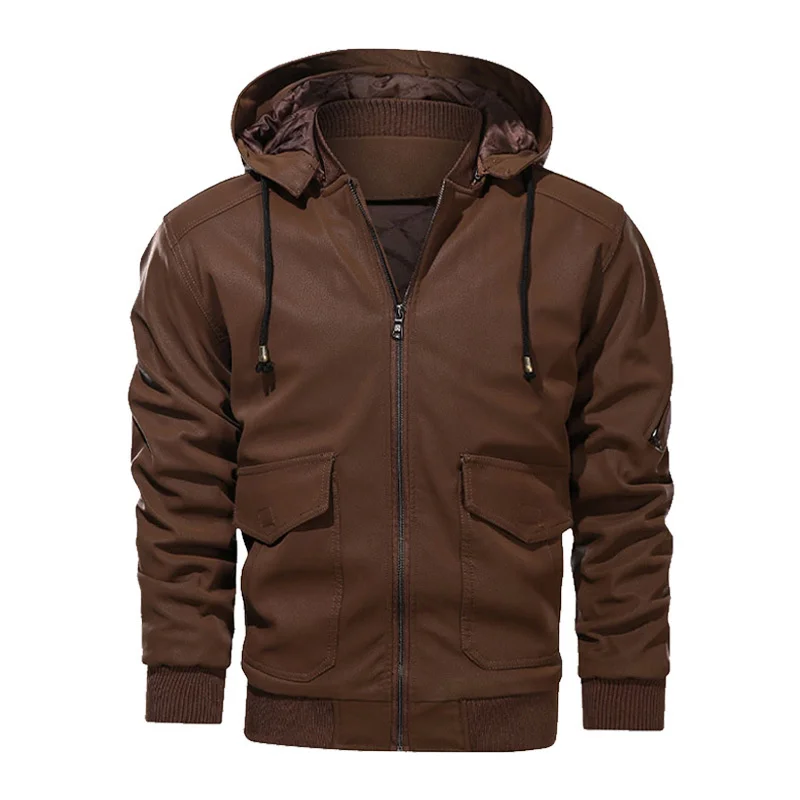 

European Size Hooded PU Leather Jacket Thickened Men's Autumn and Winter New Warm Jacket