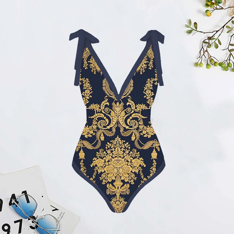 LANSWE Vintage Print Deep V One Piece Swimsuit Separate Two Pieces Biquini 2023 Women's Cover Up Swimsuit Summer Beach Wea OP058