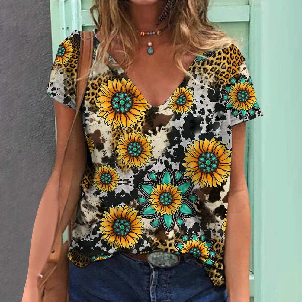 

Футболка женская с принтом подсолнуха, Свободный Повседневный Топ с V-образным вырезом, винтажная модная уличная одежда, лето
