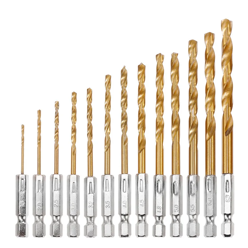 

1.5-6.5mm Titanium Plated Twist Drill Bits High Speed Steel Titanium Coated Drill Bit 1/4 Hex Shank Wood Plastic Aluminum Alloy