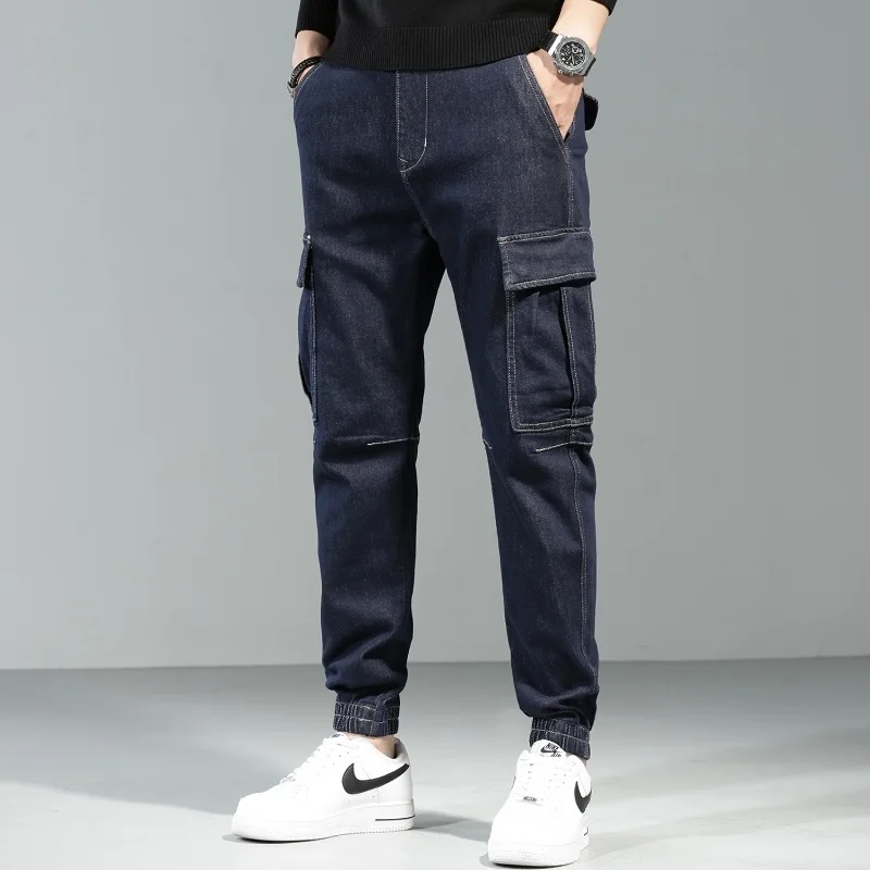Fashion Jeans Men Cargo Pants Tactical Dark Blue Jean Streetwear Hip Hop Casual Stretch Denim Trousers